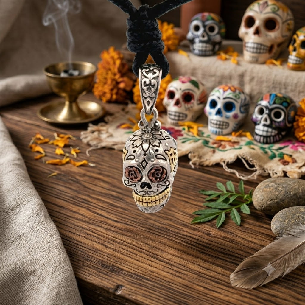 New Mexican Skull Cross Jesus Mary Gold Brass Charm Necklace Pendant Jewelry