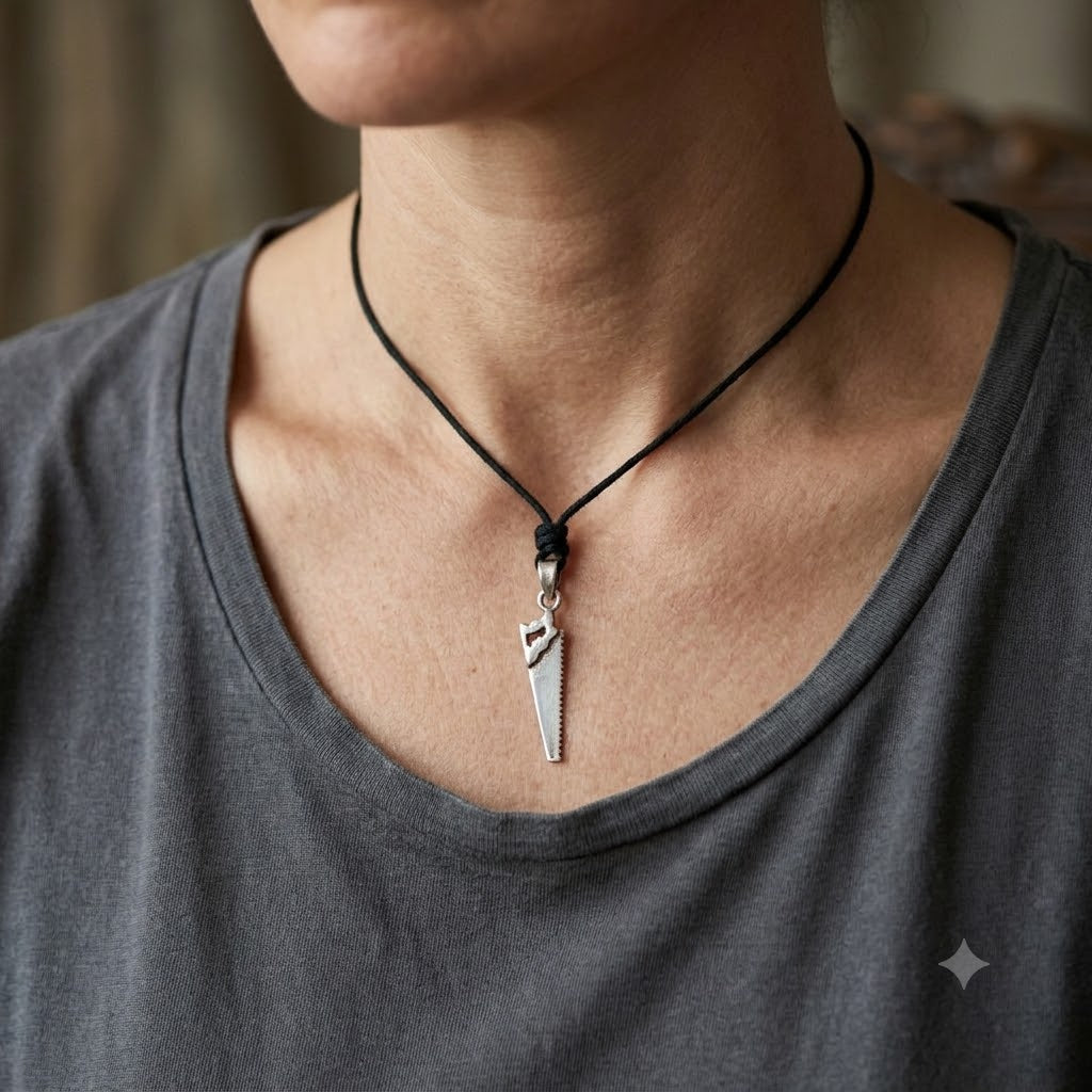 Hand Saw 92.5 Sterling Silver Gold Brass Necklace Pendant Jewelry