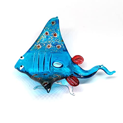 Glass Stingray Figurine Blue Hand Blown Art Sealife Ornament Collectible Miniature Aquarium Coastal Decor, 3.0 x 3.1 x 1.3 inches