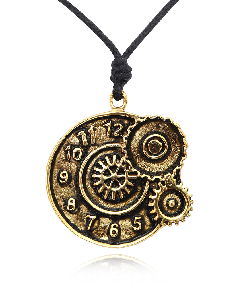 Steam Punk Clock Gear Handmade Gold Brass Necklace Pendant Jewelry